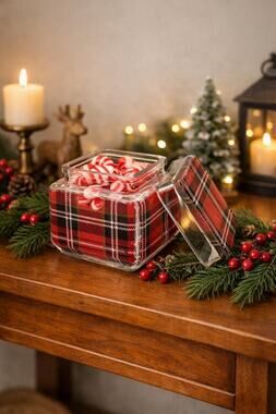 Plaid Glass Candy Jar – Holiday Treat Container, Vintage‑Style Christmas Storage